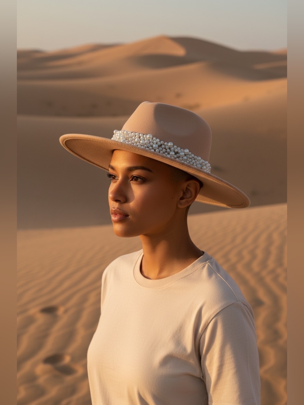 Scoop Wool Beaded Pearl Trim Wide-Brim Fedora Hat - Nude